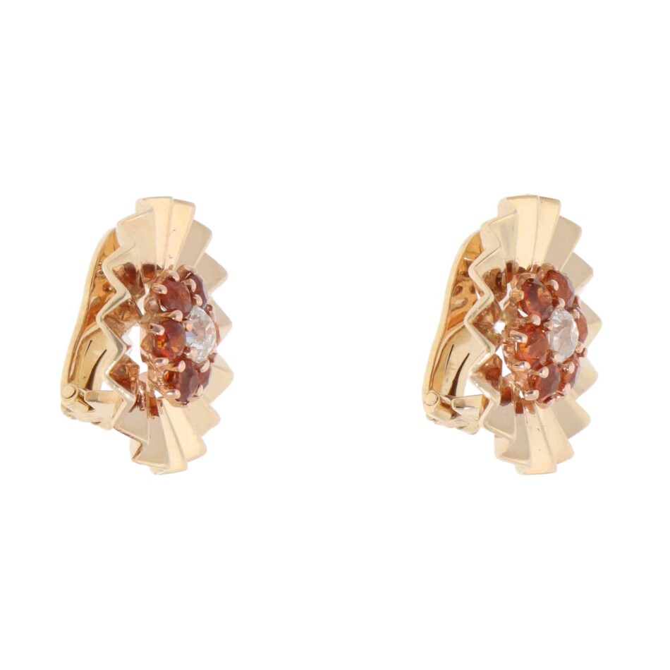 Vintage Hessonite Garnet and Diamond Floral Clip Earrings