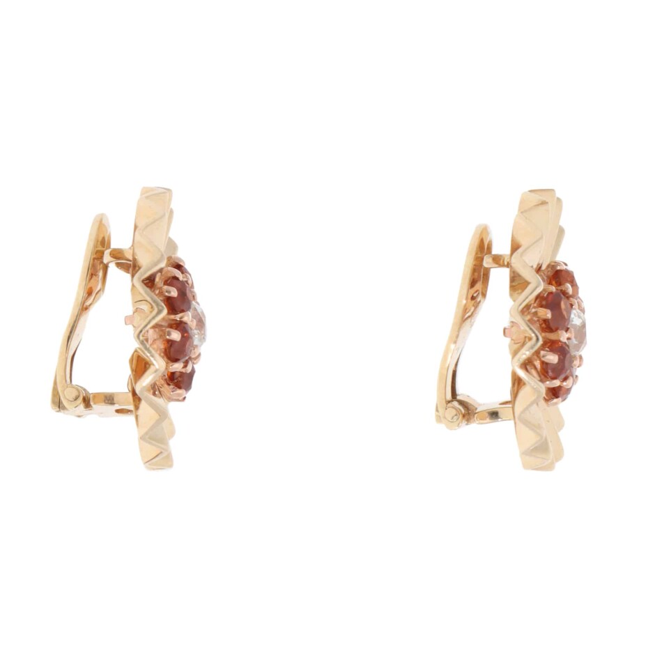 Vintage Hessonite Garnet and Diamond Floral Clip Earrings
