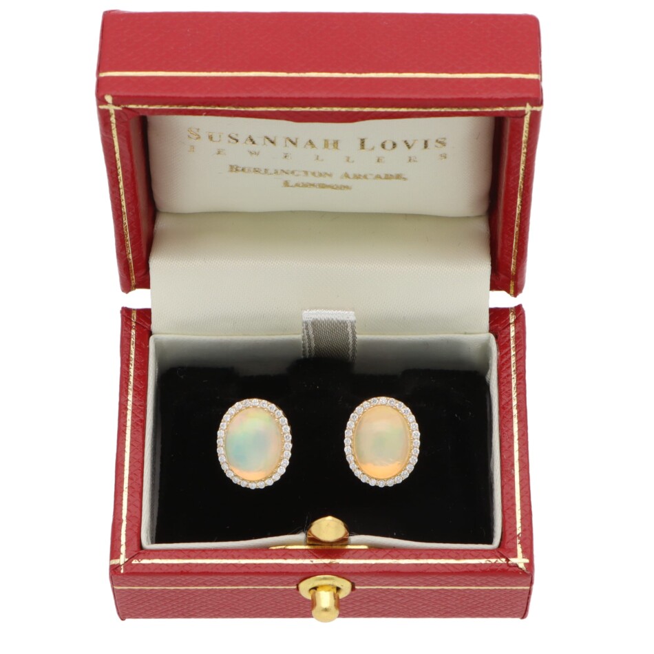 Contemporary Opal and Diamond Stud Earrings in Yellow Gold