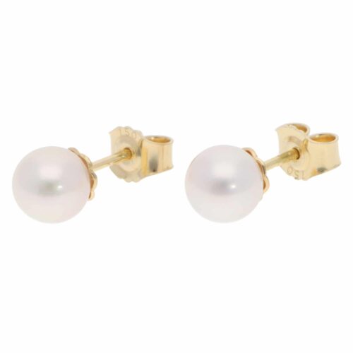 Contemporary 7.5mm Akoya Pearl Stud Earrings in Yellow Gold