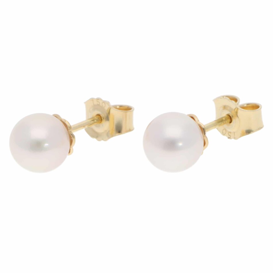 Contemporary 7.5mm Akoya Pearl Stud Earrings in Yellow Gold