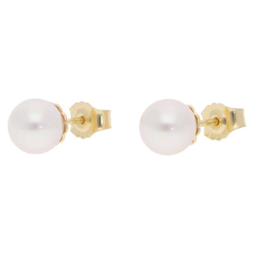 Contemporary 8mm Akoya Pearl Stud Earrings in Yellow Gold
