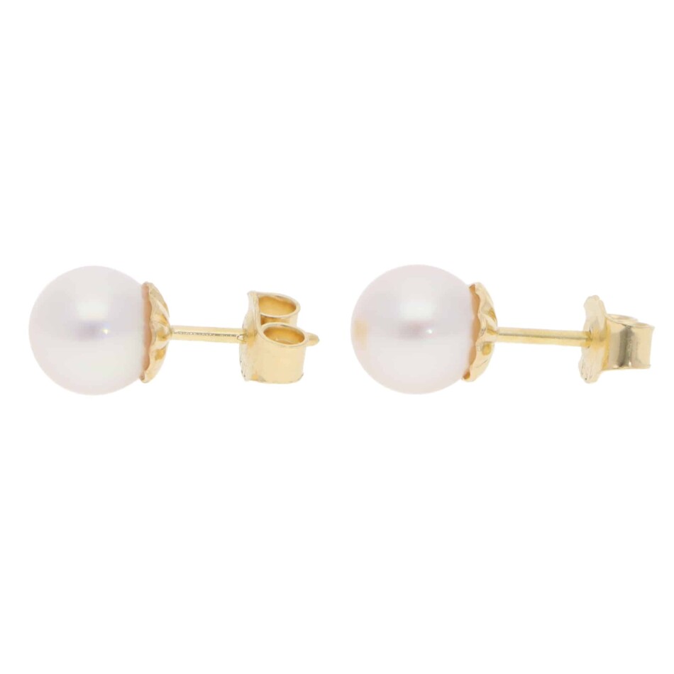 Contemporary 8mm Akoya Pearl Stud Earrings in Yellow Gold