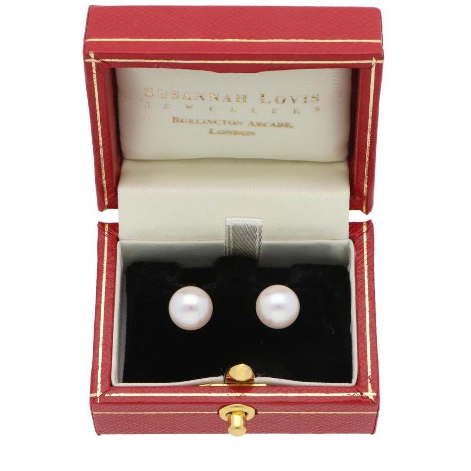 Contemporary 8mm Akoya Pearl Stud Earrings in Yellow Gold