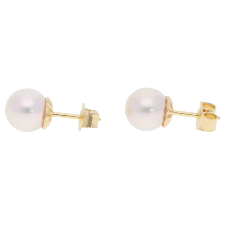 Contemporary 8.5mm Akoya Pearl Stud Earrings in Yellow Gold