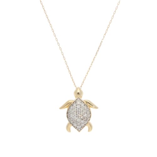 Contemporary Diamond Sea Turtle Pendant Necklace in Yellow Gold