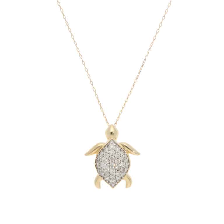Contemporary Diamond Sea Turtle Pendant Necklace in Yellow Gold