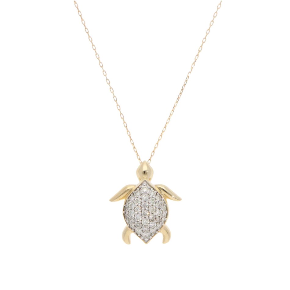 Contemporary Diamond Sea Turtle Pendant Necklace in Yellow Gold