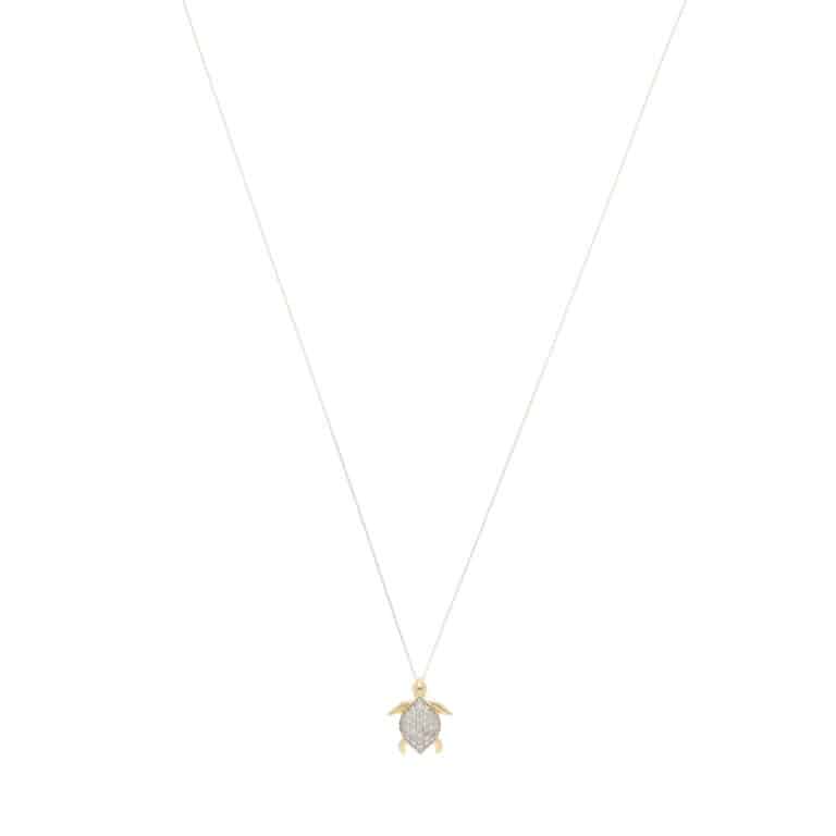 Contemporary Diamond Sea Turtle Pendant Necklace in Yellow Gold
