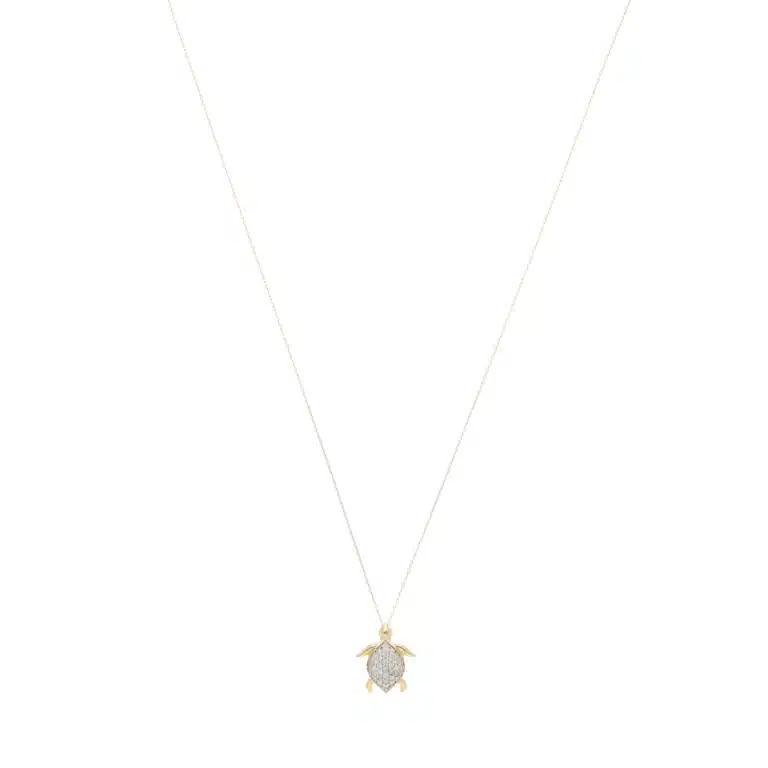 Contemporary Diamond Sea Turtle Pendant Necklace in Yellow Gold