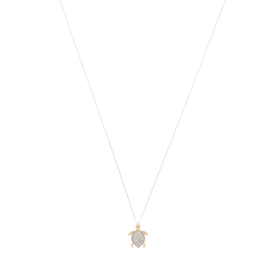 Contemporary Diamond Sea Turtle Pendant Necklace in Yellow Gold