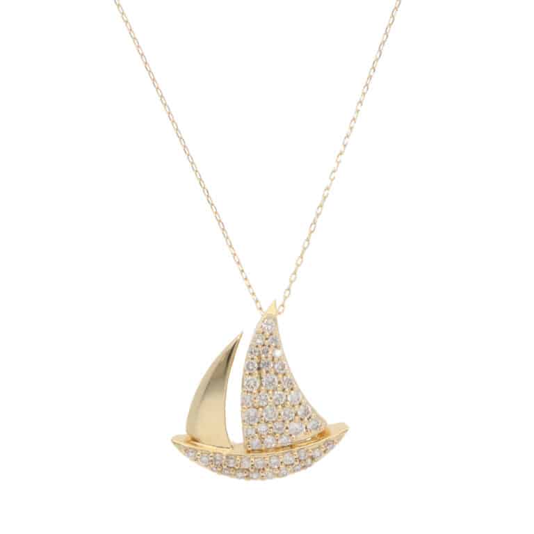 Contemporary Diamond Sailing Boat Necklace in Yellow Gold