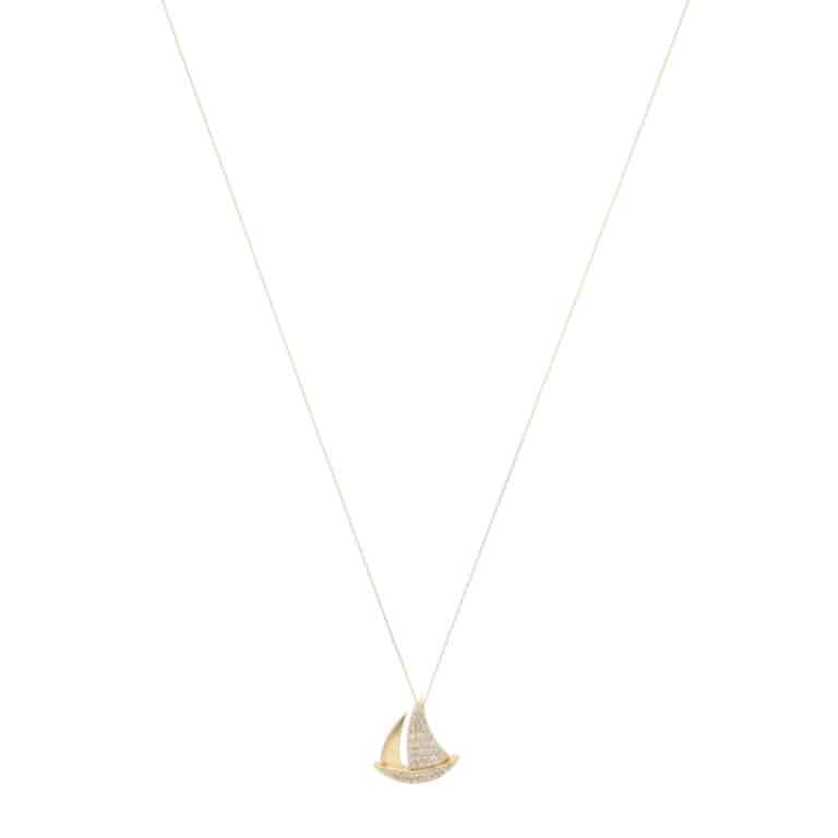 Contemporary Diamond Sailing Boat Necklace in Yellow Gold