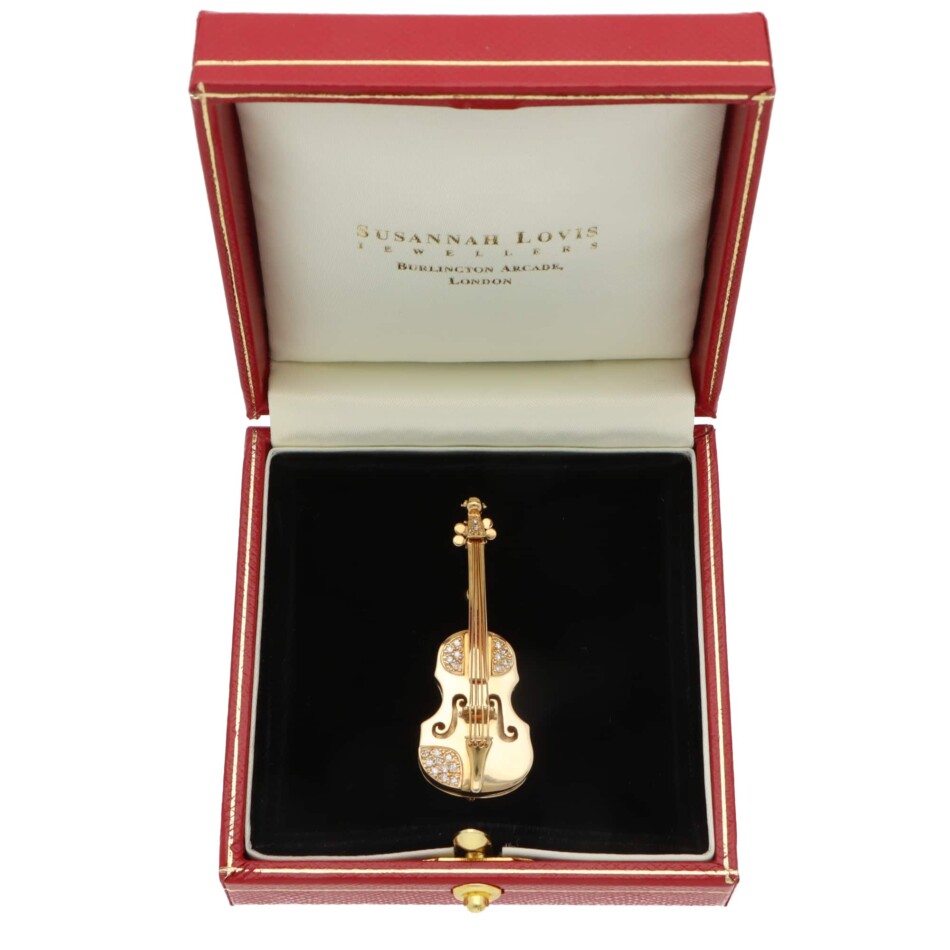 Vintage Diamond Violin Brooch in Yellow Gold