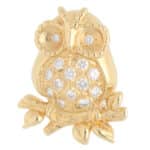Vintage Tasaki Diamond Owl Brooch in Yellow Gold