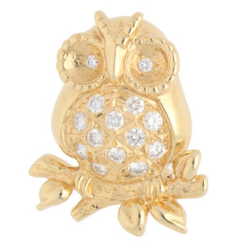 Vintage Tasaki Diamond Owl Brooch in Yellow Gold