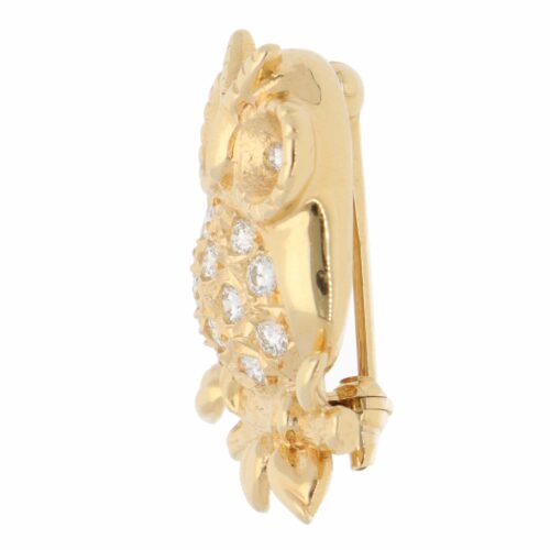 Vintage Tasaki Diamond Owl Brooch in Yellow Gold