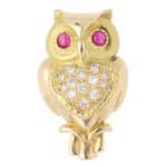 Vintage Diamond and Ruby Owl Brooch in Yellow Gold