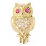 Vintage Diamond and Ruby Owl Brooch in Yellow Gold