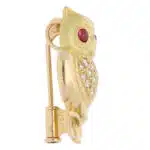 Vintage Diamond and Ruby Owl Brooch in Yellow Gold