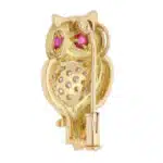 Vintage Diamond and Ruby Owl Brooch in Yellow Gold