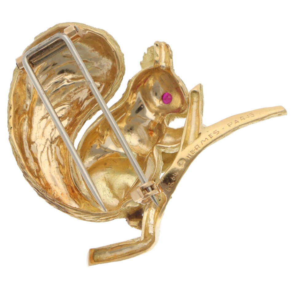 Vintage 1960s Hermès Ruby Squirrel Brooch in Yellow Gold