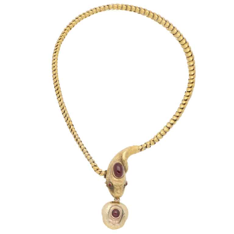 Vintage Victorian Garnet Snake Necklace in Yellow Gold