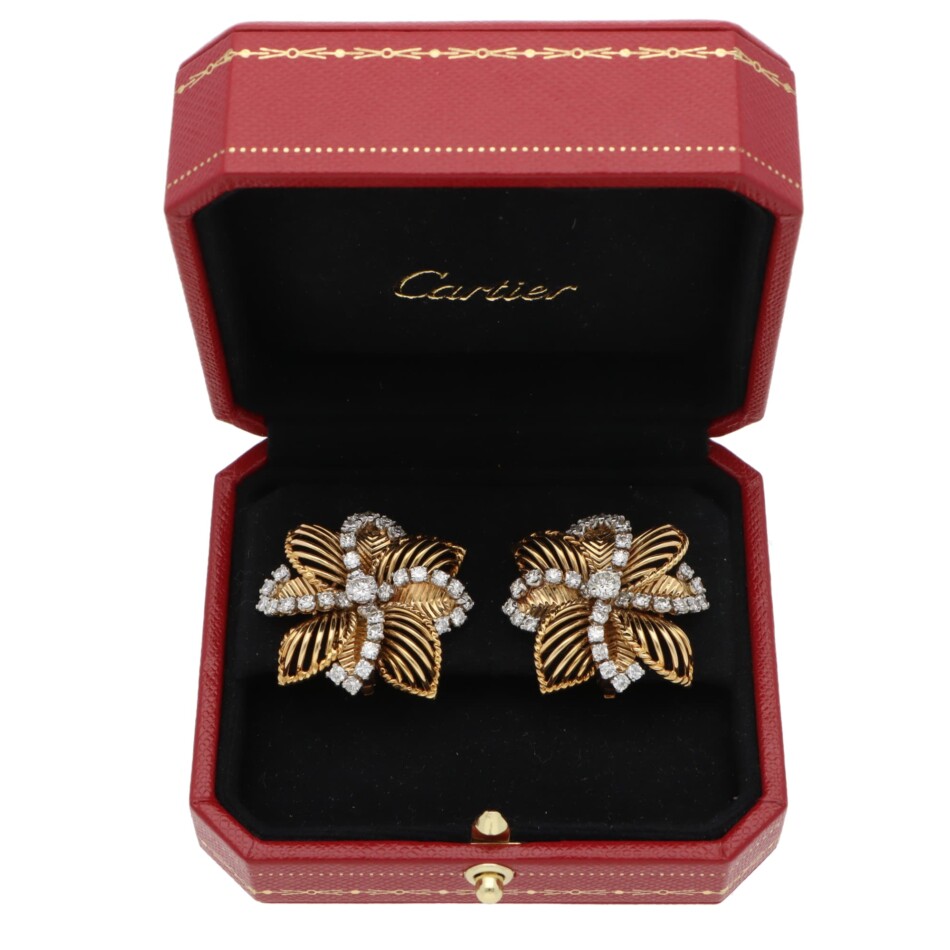 Vintage Cartier 1960s Diamond Clip Earrings in Yellow Gold
