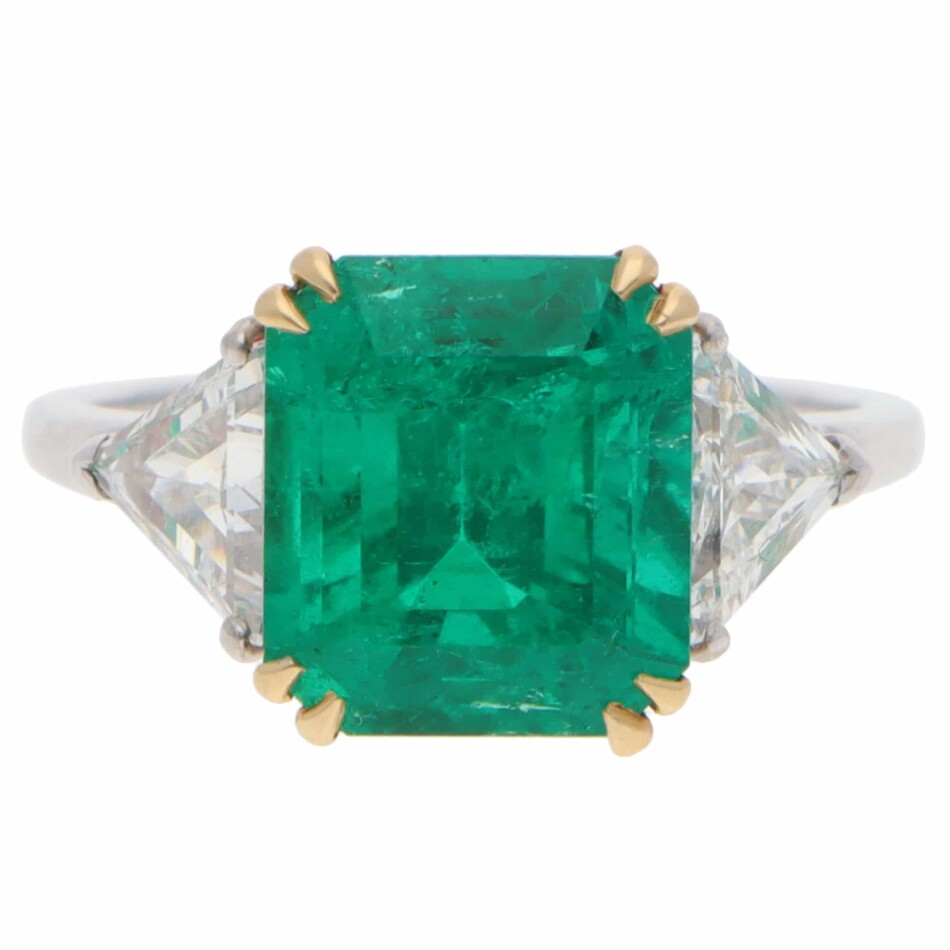 Vintage Colombian Emerald and Diamond Three-Stone Ring