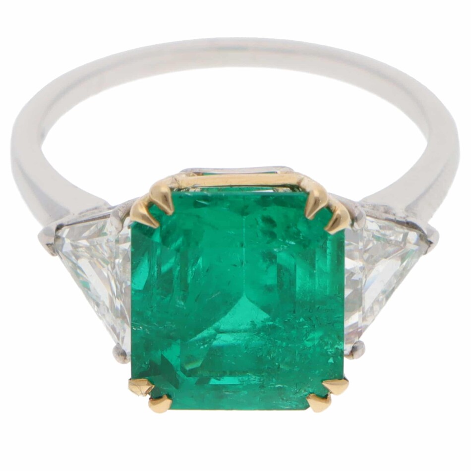 Vintage Colombian Emerald and Diamond Three-Stone Ring