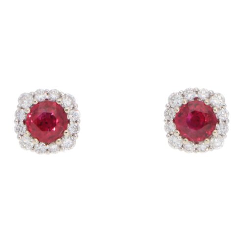Contemporary Ruby and Diamond Cluster Earrings in White Gold