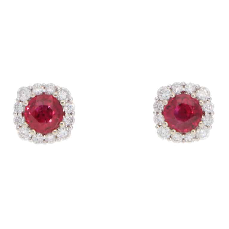 Contemporary Ruby and Diamond Cluster Earrings in White Gold
