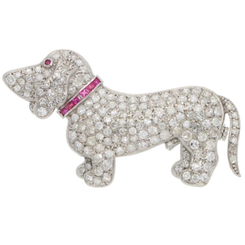 Vintage 1920s Diamond and Ruby Dog Brooch in Platinum