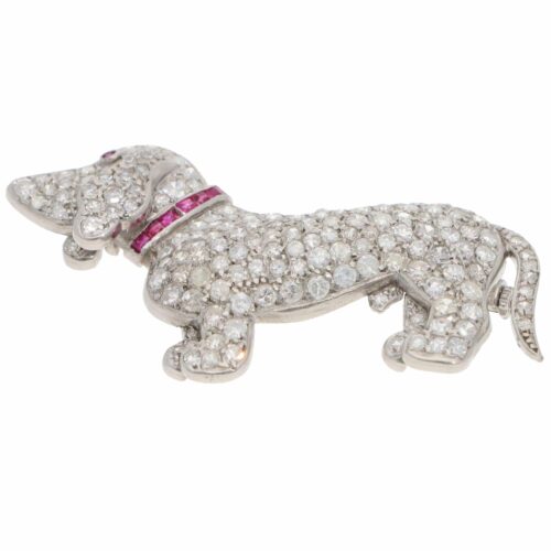 Vintage 1920s Diamond and Ruby Dog Brooch in Platinum