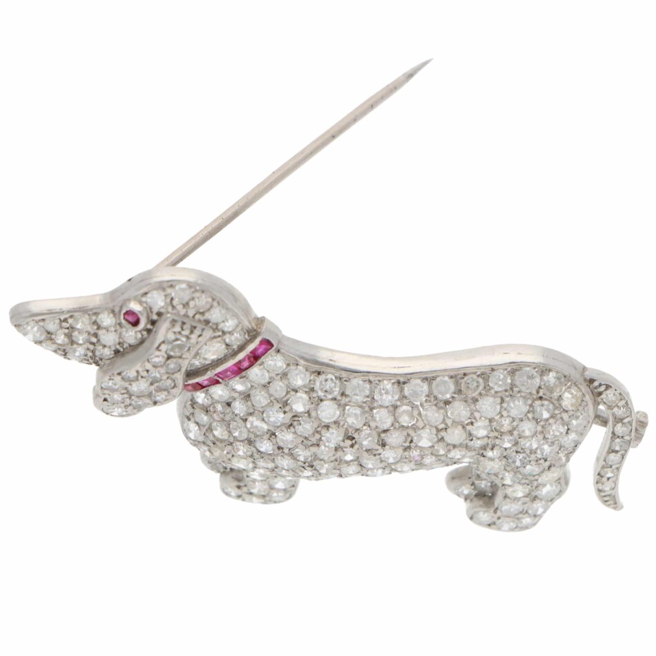 Vintage 1920s Diamond and Ruby Dog Brooch in Platinum