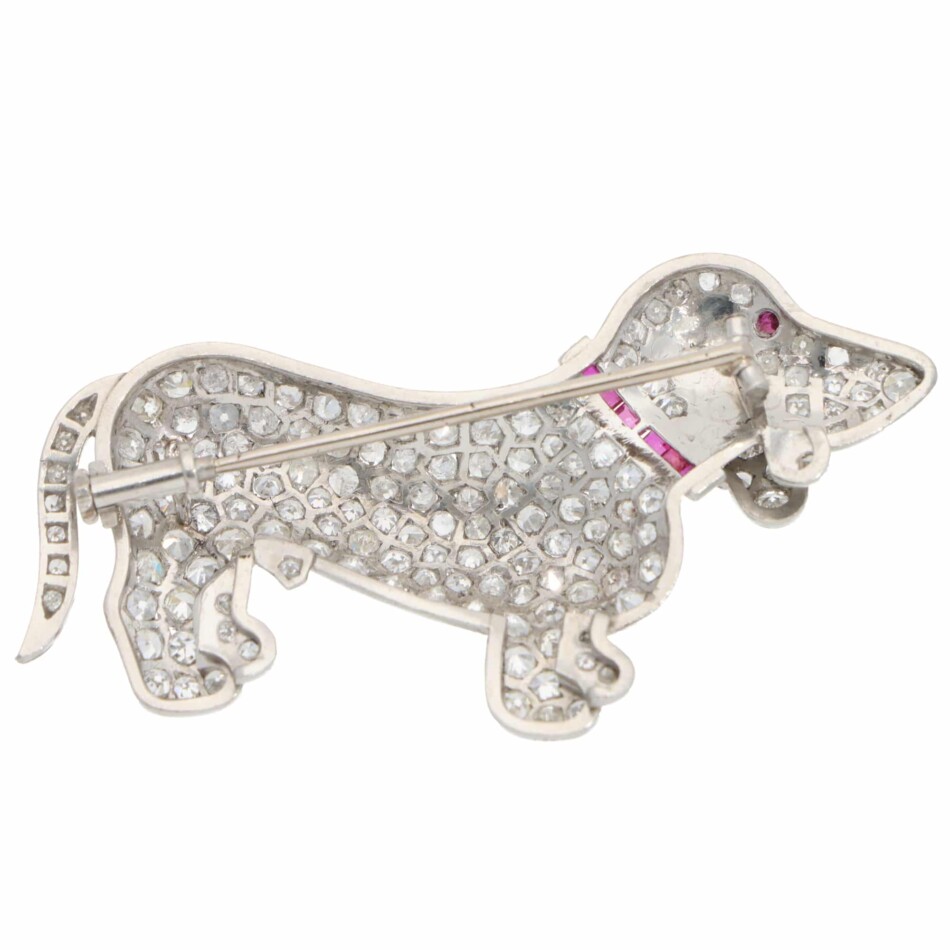 Vintage 1920s Diamond and Ruby Dog Brooch in Platinum