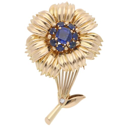 Vintage Cartier 1960s Sapphire Floral Brooch in Yellow Gold