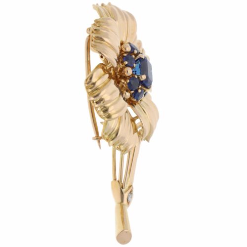 Vintage Cartier 1960s Sapphire Floral Brooch in Yellow Gold