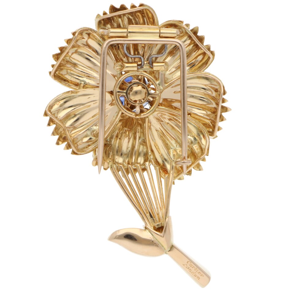 Vintage Cartier 1960s Sapphire Floral Brooch in Yellow Gold