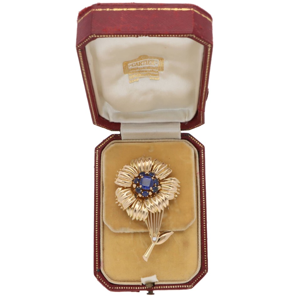 Vintage Cartier 1960s Sapphire Floral Brooch in Yellow Gold
