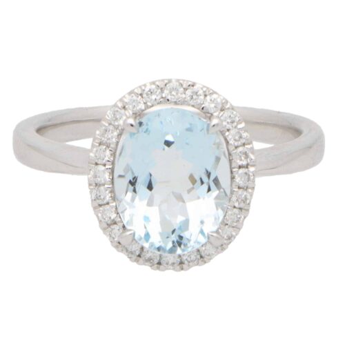 Vintage Aquamarine and Diamond Halo Cluster Ring in White Gold