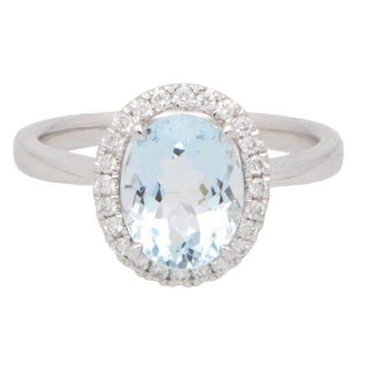Vintage Aquamarine and Diamond Halo Cluster Ring in White Gold