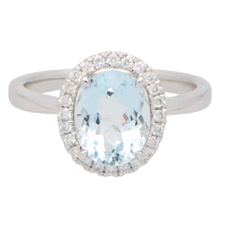 Vintage Aquamarine and Diamond Halo Cluster Ring in White Gold