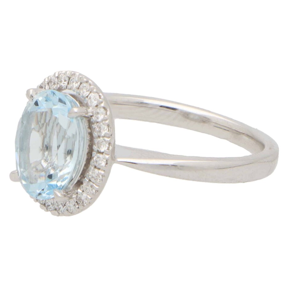 Vintage Aquamarine and Diamond Halo Cluster Ring in White Gold