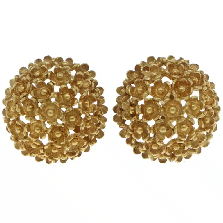 Vintage Floral Domed Stud Earrings in Yellow Gold