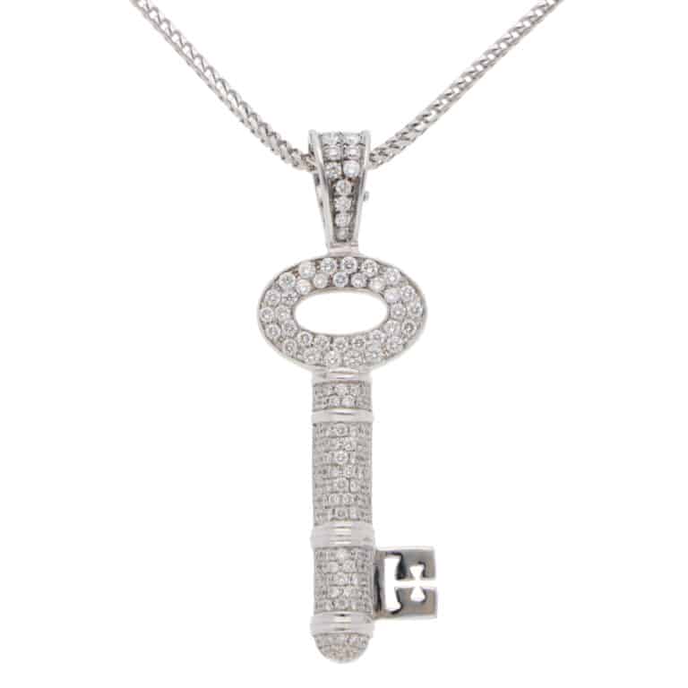 Vintage Theo Fennell Diamond Key Necklace in White Gold