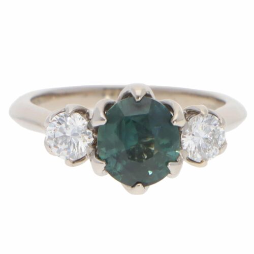 Vintage Teal Sapphire and Diamond Three Stone Ring
