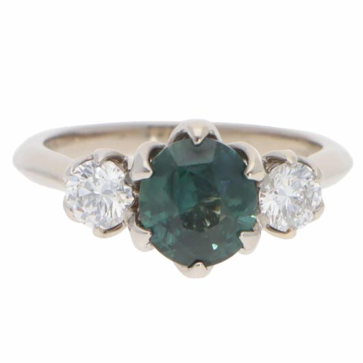 Vintage Teal Sapphire and Diamond Three Stone Ring