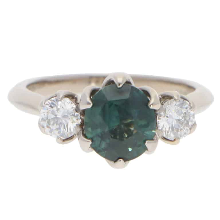 Vintage Teal Sapphire and Diamond Three Stone Ring