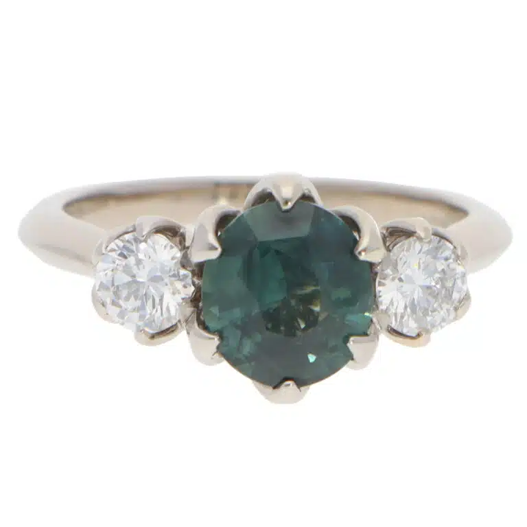 Vintage Teal Sapphire and Diamond Three Stone Ring